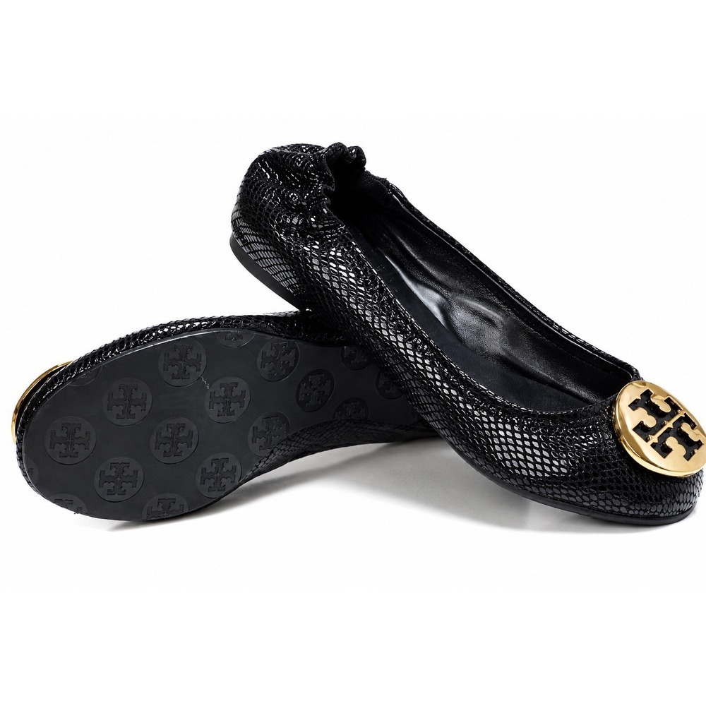 Tory Burch Reva Ballet Flats Black Python Embossed Leather Logo Medallion Sz 10